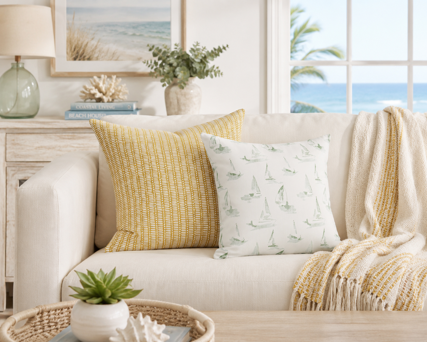 Coastal home decor setting with a yellow throw pillow next to a sail boat print pillow on a couch.