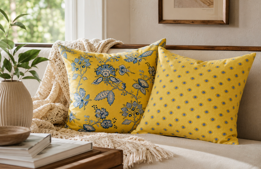 bright yellow pillows on a couch in a calm living room