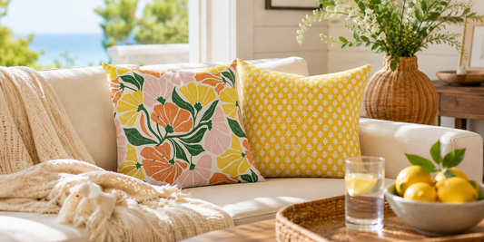 Living room with two square yellow pillows.