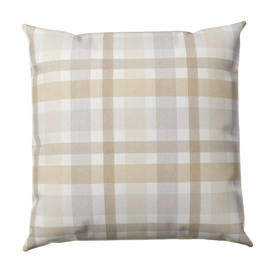 A square throw pillow featuring a classic plaid pattern in beige, white, and light gray, shown against a plain white background.