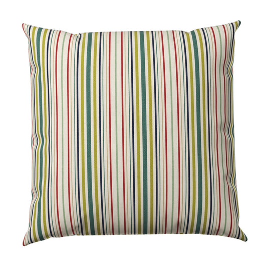 A square throw pillow featuring a vertical striped pattern with thin stripes of green, red, yellow, and blue on an off-white background, shown against a plain white studio background.