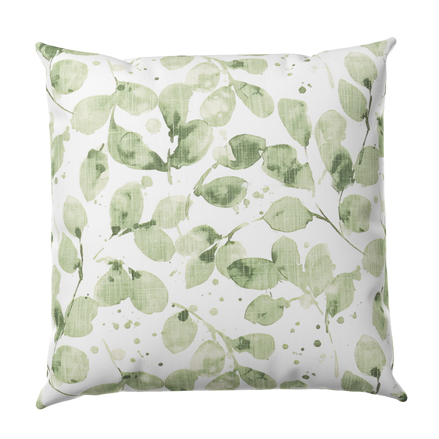 Decorative pillow with green leaf pattern on a white background